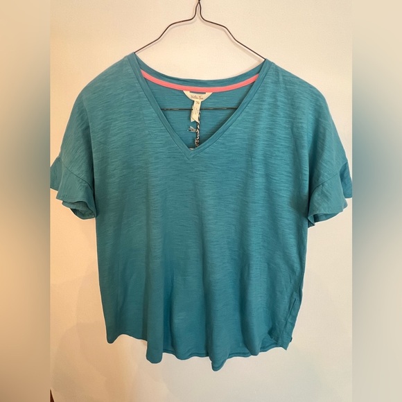 MATILDA JANE WOMEN’S TOP. SIZE XL. TURQUOISE TONES  RUFFLE STYLE SHORT SLEEVES - Picture 1 of 9
